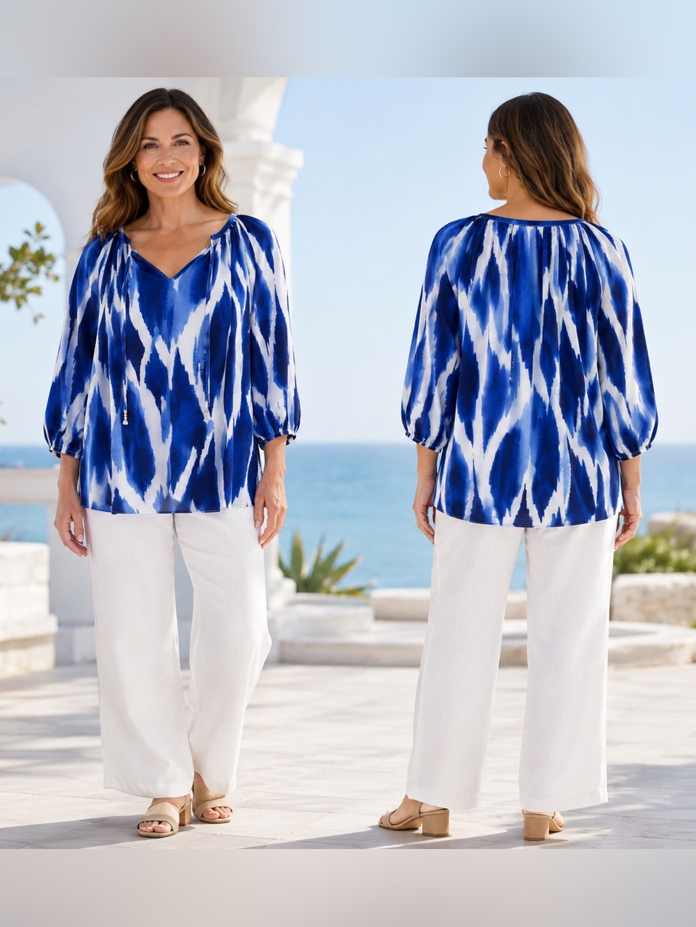 Chico’s Blue White Watercolor Raglan Boho Peasant Blouse 3/4 Sleeve Top Size 2 L